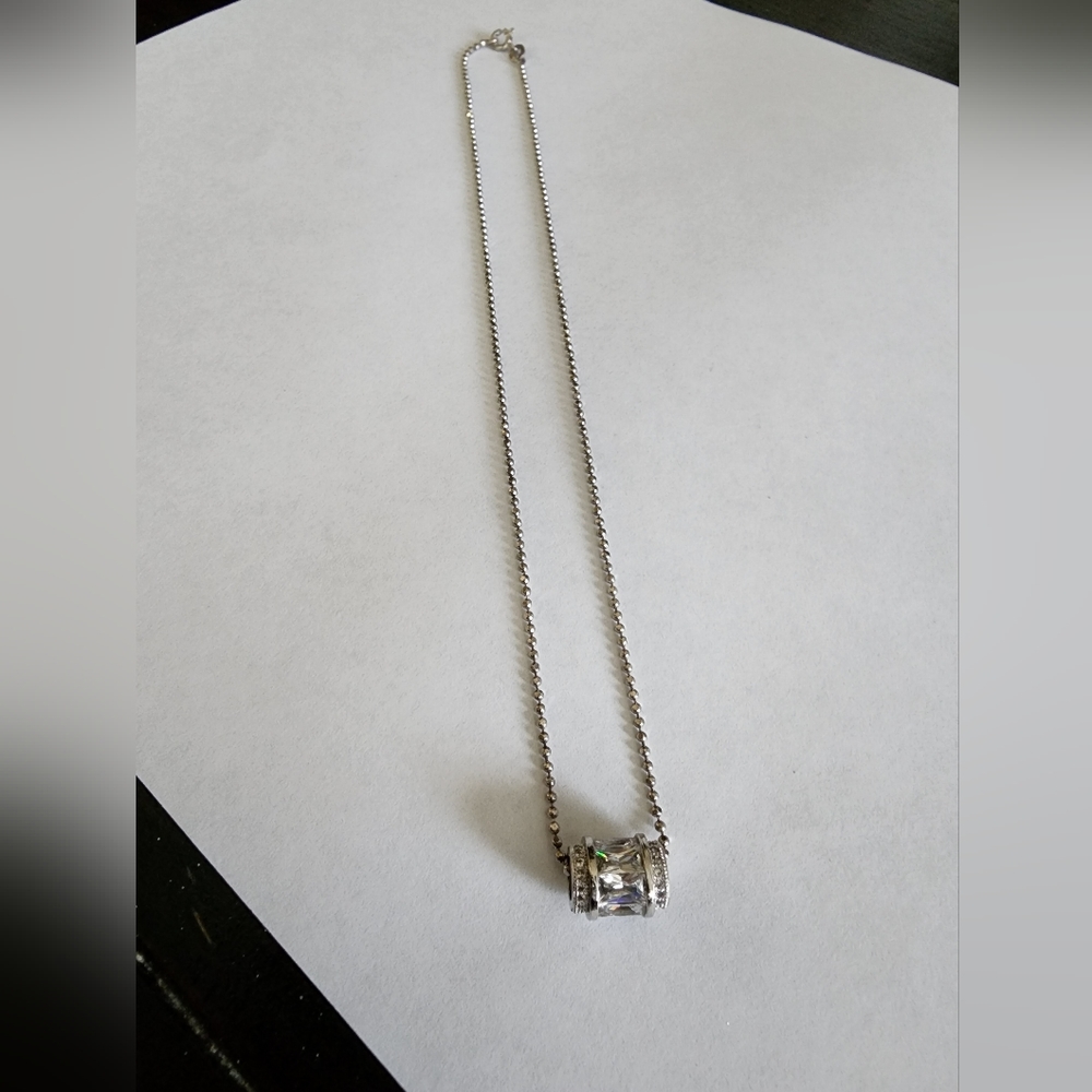 Vintage Sterling Silver Necklace With Round Crystal Pendant